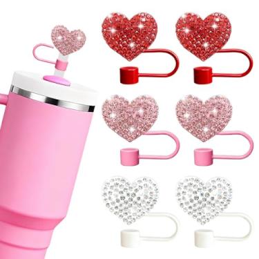 Imagem de BAISDY 6 peças de topo de palha com corações brilhantes para Stanley Cup, cores sortidas para Dia dos Namorados