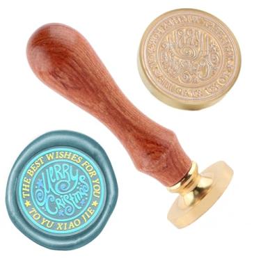 Imagem de Carimbo de lacre de cera de Natal Merry Christma carimbo de latão e uma alça de madeira para cartões de Natal, convites de festa, envelopes de cartas, cartões de felicitações, presentes