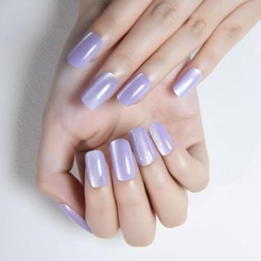 Imagem de Prensa de olho de gato roxo orquídea em unhas quadradas médias, cola de geleia quadrada média em unhas cromadas para presente feminino, orquídea holográfica, glitter, brilhante, reutilizável, cola de