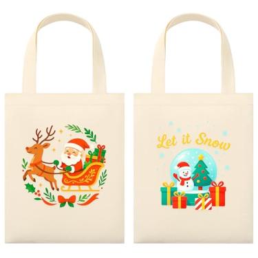 Imagem de Phicorn Sacos de presente de Natal – Pacote com 2 sacos de algodão reutilizáveis de 23 x 28 cm com estampas de Papai Noel e boneco de neve para férias e uso diário