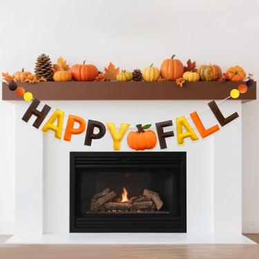 Imagem de Decorações de outono pré-amarradas feitas à mão, sinal de feliz outono, faixa de abóbora, guirlanda de bola de feltro de lã para outono, dia de Ação de Graças, colheita, berçário, decoração de parede