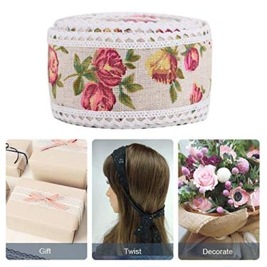 Imagem de Fita de juta de serapilheira de 5 m x 5 cm, fita hesiana de renda impressa com flores para artesanato faça você mesmo, embrulho de presente, laços de guirlanda, decoração de festa de aniversário de