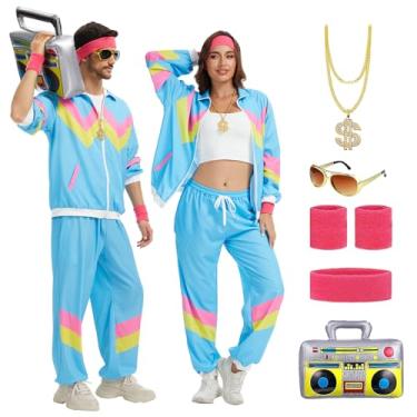 Imagem de Fato de treino dos anos 80 para homens e mulheres, roupas dos anos 80 e 90, moda retrô para festa de carnaval de Halloween (azul, grande)