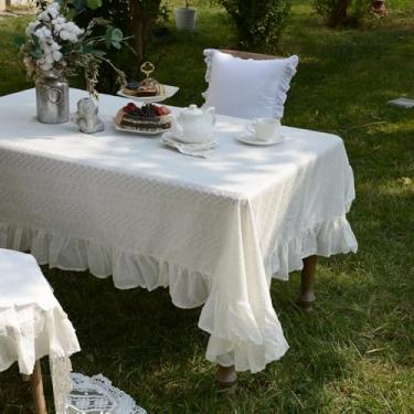 Imagem de Artbloss Toalha de mesa de algodão branco com babados em tecido bordado de renda rústica francesa lavável para ambientes internos e externos, festas de Natal (branca, 152 x 300 cm)
