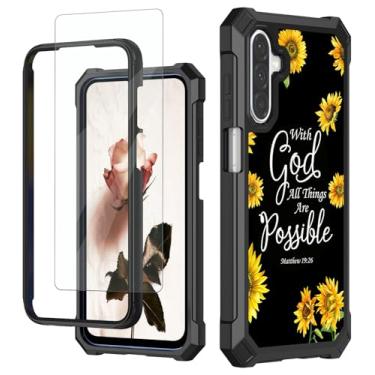 Imagem de RAUEDWDJS Capa para Samsung Galaxy A17 5G com protetor de tela temperada, PC rígido resistente e TPU macio à prova de choque, capa protetora para celular para Samsung A17, girassol Matthew 19:26