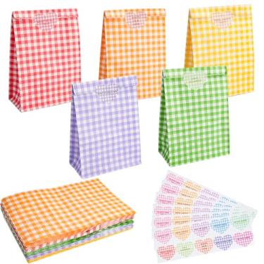 Imagem de Zoyiancy 60 sacos de papel para festa, 5 cores de sacos de presente xadrez Kraft com 60 adesivos, saco de fundo plano colorido para Halloween, Natal, aniversário, casamento (22 x 14 x 7,8 cm)