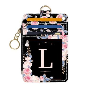 Imagem de Carteira fina para cartão de crédito, letra L, carteira RFID, bolso frontal pequeno com zíper, couro sintético fino para viagem, bloqueio de RFID, janela para identidade, presentes femininos