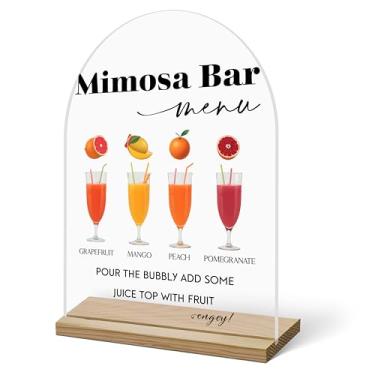 Imagem de Placa de bar Mimosa para mesa, suco de frutas acrílico Mimosa Bar com suprimentos de base para chá de bebê, chá de panela, decoração para festa de casamento, despedida de solteira, suporte de placa de