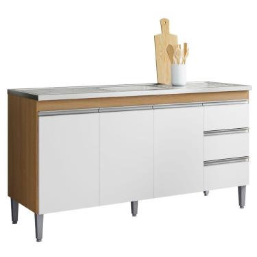 Imagem de Balcão Para Pia Andréia 150 Cm 3 Portas Amendoa Branco Ajl