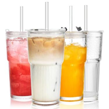 Imagem de ALINK Copos de vidro de 590 ml com tampas e canudos, conjunto de 4 copos de bebida com design canelado elegante para xícaras de café gelado, suco, vitaminas, bebidas frias, inclui escova de limpeza
