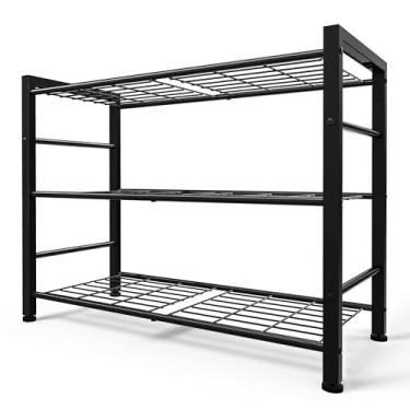 Imagem de Tujurich Prateleira de armazenamento resistente de 3 camadas, estante de metal de arame estável com pés ajustáveis, para armário de cozinha de despensa de garagem, rack organizador industrial, preto
