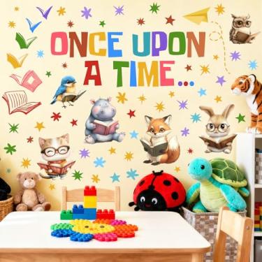 Imagem de Adesivos de parede de leitura de livros para biblioteca, livros de história, leitura de livros, decalques de parede de animais, adesivos de parede de canto para berçário, quarto de crianças, sala de