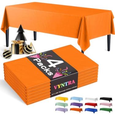 Imagem de Vyntra Toalhas de mesa descartáveis de plástico laranja com retângulo de 137 x 262 cm, pacote com 4 – capas de mesa de festa para aniversário, casamento, formatura e chá de bebê – impermeável, à prova