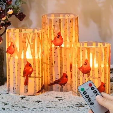 Imagem de SEHNSY Velas cardinais sem chama com chama cintilante, pássaro vermelho, cera real, velas de LED com controle remoto, pacote com 3 pilhas (7,5 x 12,7 cm 12,7 cm 15,2 cm), decorações de mesa de centro