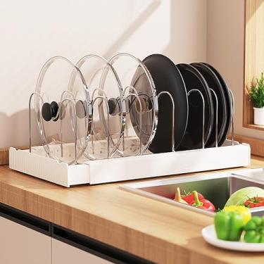 Imagem de Organizador de panelas e frigideiras sob o armário expansível com 7 divisórias ajustáveis para armazenamento de cozinha, tábuas de corte, utensílios de cozinha, tampa, branco