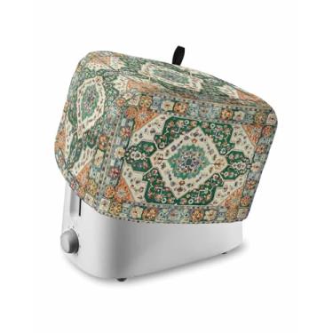 Imagem de Capa de torradeira boho verde laranja bege 2 fatias, protetor de forno retrô étnico tribal à prova de poeira com gancho superior, arte abstrata à prova d'água pequena utensílios de cozinha torradeiras