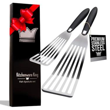 Imagem de Conjunto de espátula de peixe profissional de aço inoxidável - 1 espátula grande + 1 pequena de aço inoxidável - espátulas polidas espelhadas com alças ergonômicas resistentes ao calor - virador de