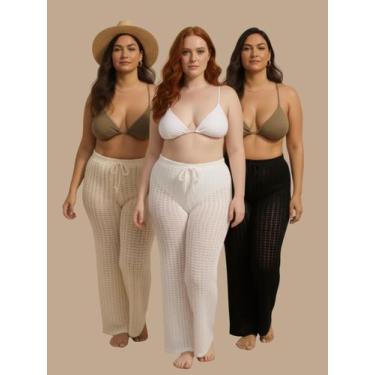 Imagem de Calça Saída de Praia Feminina Slim e Plus Size em Tricô Crochê Boho Ch