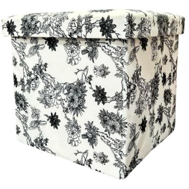 Imagem de Puff e Baú Dobrável Decorativo 2 em 1-30x30cm (01, Floral Preto e Branco)