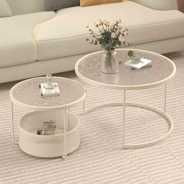 Imagem de Yadlan 2 conjuntos de mesa de centro de vidro moderno com tampo de vidro temperado resistente ao calor, moldura de ferro resistente, mesa de encaixe grande de superfície redonda perfeita para sala de