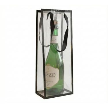 Imagem de Sacola para Vinho Transparente PVC com Alça Preta - Embalagem de Presente Luxo para Garrafas e Espumantes - 34x13x9cm