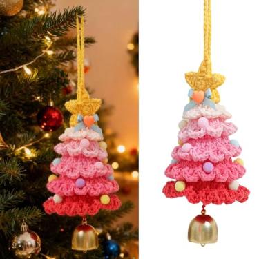 Imagem de Enfeites de árvore de Natal de crochê coloridos mini tricotados à mão acessórios de pendurar com sino decoração de Natal para decoração de férias, casa, escritório, festa, carro (rosa)