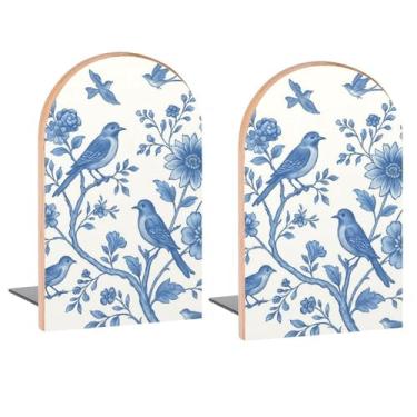 Imagem de Flores azuis e brancas pássaros terminais de livros decorativos de madeira para prateleiras quarto de crianças mesa escritório em casa rolhas de livro para revistas, livros, DVDs, 1 par/2 peças (12,7