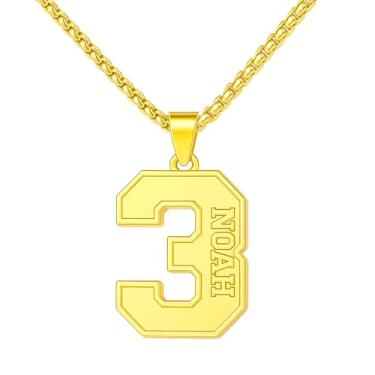 Imagem de Ldurian Colar com nome de número personalizado, pingente de corrente de número esportivo para homens, colares de nome de atletas personalizados 00-99 preto presente de aço inoxidável para homens
