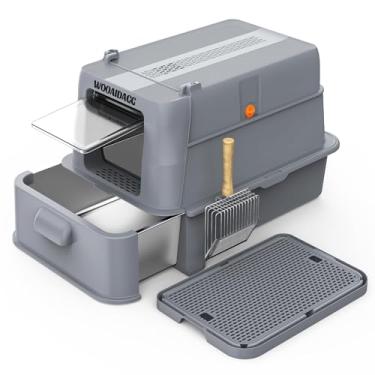 Imagem de Wooaidagg Caixa de areia para gatos de aço inoxidável fechada com controle de odor, design modular com gaveta e porta dobrável, fácil de limpar e lavar, interior antiaderente, tamanho extra grande