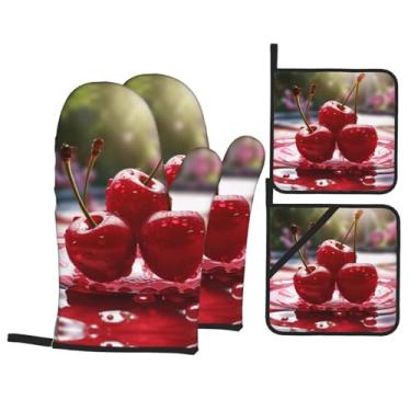 Imagem de Cerejas vermelhas - Conjunto de luvas de cozinha estampadas com suportes de tampa, luvas de forno resistentes ao calor para manusear panelas quentes, grelhar, churrascos, kit de 4 peças.