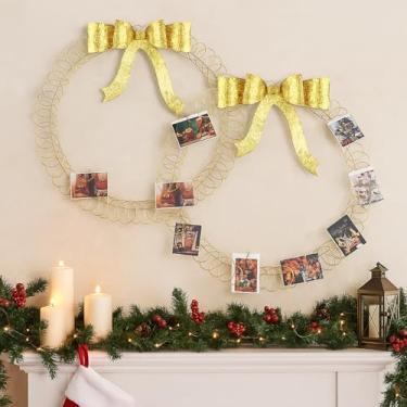 Imagem de Kritkin 2 porta-cartões de Natal, guirlanda, para pendurar na parede, guirlanda de metal em espiral com laço de arame, exibição de cartão comemorativo, decoração de parede (dourado)
