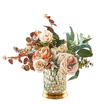 Imagem de LMJYU Conjunto de flores artificiais com vaso de rosas artificiais com vaso de flores de rosas falsas, arranjos de flores para decoração de casa, mesas, centros de mesa