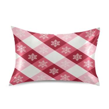 Imagem de Wassud Fronha de almofada de cetim com estampa xadrez de flocos de neve para cabelo e pele, fronhas de seda lisa, tamanho queen, respirável, com fecho de envelope