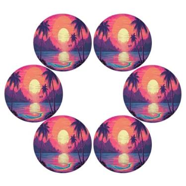 Imagem de Wassud Jogo americano conjunto de 6 tapetes redondos de praia, pôr do sol para cozinha e jantar, tapetes laváveis e resistentes ao calor, decoração de mesa 39 cm