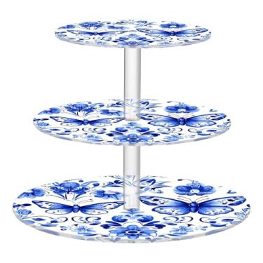 Imagem de CEBUGI Suporte de cupcake de 3 camadas, borboletas azuis e flores, suporte redondo para bolo, torre, bandeja de servir em camadas de acrílico para chá, chá de bebê, casamento e mais