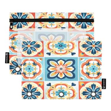 Imagem de Wassud Azulejo geométrico de flores (2) pacote com 2 pastas para fichário, 3 furos, pastas de bolso, organizador de fichários para casa, escritório