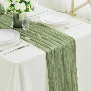 Imagem de Caminho de mesa de outono gaze gaze queimada boho rústico casa de fazenda pano de queijo para festa de casamento, decoração de casa, decoração de férias, verde sálvia