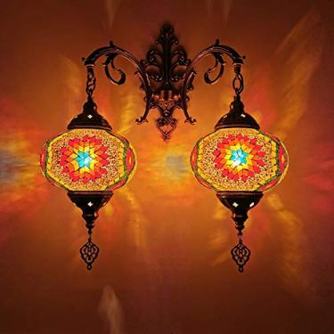 Imagem de Luminária de parede turca com 2 lâmpadas, estilo marroquino com mosaico, arandela boêmia tradicional para cabeceira, ideal para sala de estar, quarto, corredor, varanda, café ou bar.