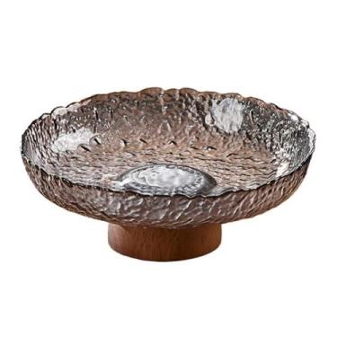 Imagem de Fruteira Fruteira de vidro texturizado com base de madeira, travessa decorativa para servir frutas, aperitivos e outros itens de mesa. Decoração de mesa(Gray,Grande)