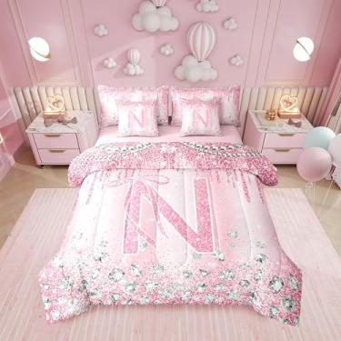 Imagem de Erosebridal Conjunto de cama solteiro com letra M, ombré, alfabeto, laço rosa, 7 peças, Coquette Kawaii, conjunto de edredom com laço, para meninas e crianças, conjunto de cama com glitter