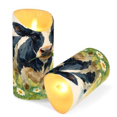 Imagem de ATTX Pacote com 2 velas sem chama de vaca margarida – Velas de pilar de LED de 7,6 cm x 15 cm com controle remoto e temporizador para casa, casamento, decoração de acampamento #615