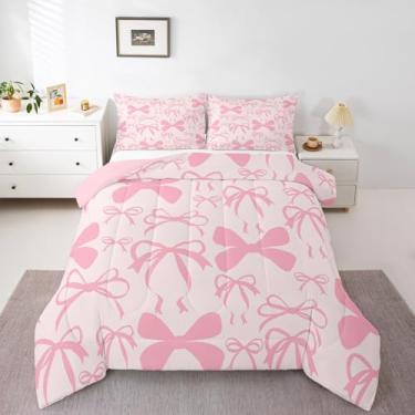 Imagem de Feelyou Conjunto de edredom fofo com laço, tamanho Queen, rosa claro, para meninas, edredom kawaii, respirável, macio, leve, microfibra para decoração de princesa