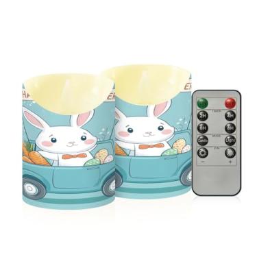 Imagem de Wassud Pacote com 2 velas de desenho animado coelhinho da Páscoa sem chama com controle remoto, velas realistas cintilantes com temporizador, velas decorativas para Natal, casamento, festa, decoração