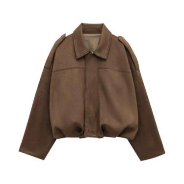 Imagem de Jaqueta Bomber Feminina Vintage Com Textura De Camurça, Zíper, Manga L