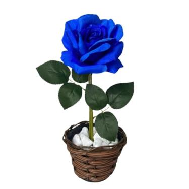Imagem de Arranjo Rosa Artificial Com Vaso TrançAdo E Pedras Brancas DecoraçãO Completa Enfeite Flores Artificiais Altamente Decorativo E Esteticamente AgradáVel(AZUL)