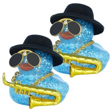 Imagem de 2 peças de pato de borracha com glitter azul com mini cartola, saxofone musical, óculos de sol e corrente de ouro – Ornamento fácil de decoração de painel de carro, alívio de estresse, presentes de