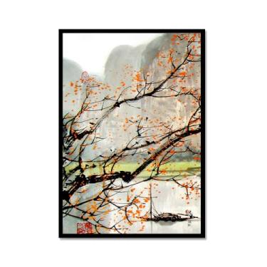 Imagem de Arte de cenário japonês, impressão floral, pintura a tinta, barco, pássaro, pôsteres em tela, decoração asiática, arte de parede japonesa para decoração de sala de estar e quarto (SKU1,40,6 x 61.0 cm