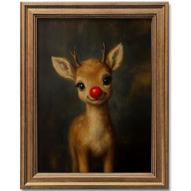 Imagem de Arte de parede de Natal de rena de palhaço, arte emoldurada dourada, pintura de imagem vintage engraçada para decoração de sala de estar em casa, presente de férias (rena, 40,6 cm C x 30,5")