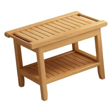 Imagem de KiBcsLic Banco de Chuveiro/banquinho para Banheiro com Barras de Apoio, Impermeável, Prático, Estável, de Madeira, com Prateleira de Armazenamento, Cor de madeira plana