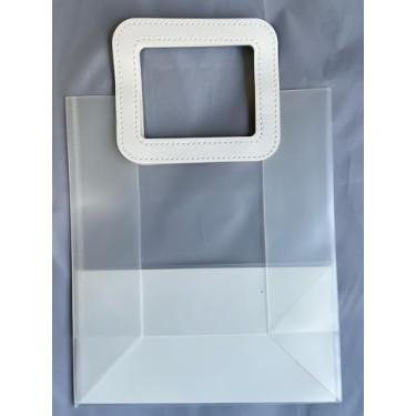 Imagem de Kit de 10 Sacolas para Presente Transparente Fosco Alça em Couro PU 27x12x23cm Lembrancinha Impermeável (Branca)